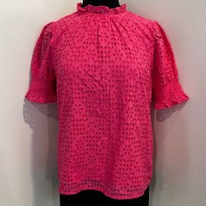 J. Crew Eyelet Top Ruffle Mock Neck Short Sleeve Blouse